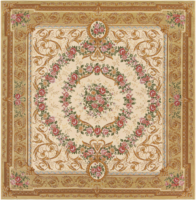 Ivory and Beige 7' 10 x 7' 10 Outdoor Traditional Square Area Rug Weather Resistant for Patio, Deck, Terrace, Balcony, Porch Classical Design Outside Carpet for Sale at Rug Engine