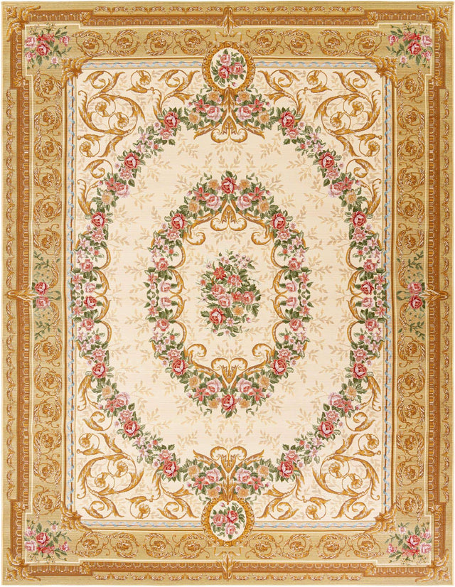 Ivory and Beige 9' x 12' Outdoor Traditional Rectangle Area Rug Weather Resistant for Patio, Deck, Terrace, Balcony, Porch Classical Design Outside Carpet for Sale at Rug Engine