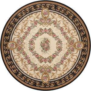 Black and Ivory 10' x 10' Outdoor Traditional Round Area Rug Weather Resistant for Patio, Deck, Terrace, Balcony, Porch Classical Design Outside Carpet for Sale at Rug Engine