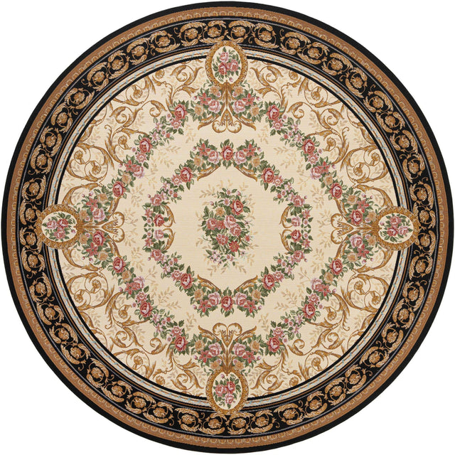 Black and Ivory 10' x 10' Outdoor Traditional Round Area Rug Weather Resistant for Patio, Deck, Terrace, Balcony, Porch Classical Design Outside Carpet for Sale at Rug Engine