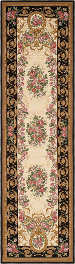Black and Ivory 2' 7 x 10' Outdoor Traditional Runner Area Rug Weather Resistant for Patio, Deck, Terrace, Balcony, Porch Classical Design Outside Carpet for Sale at Rug Engine