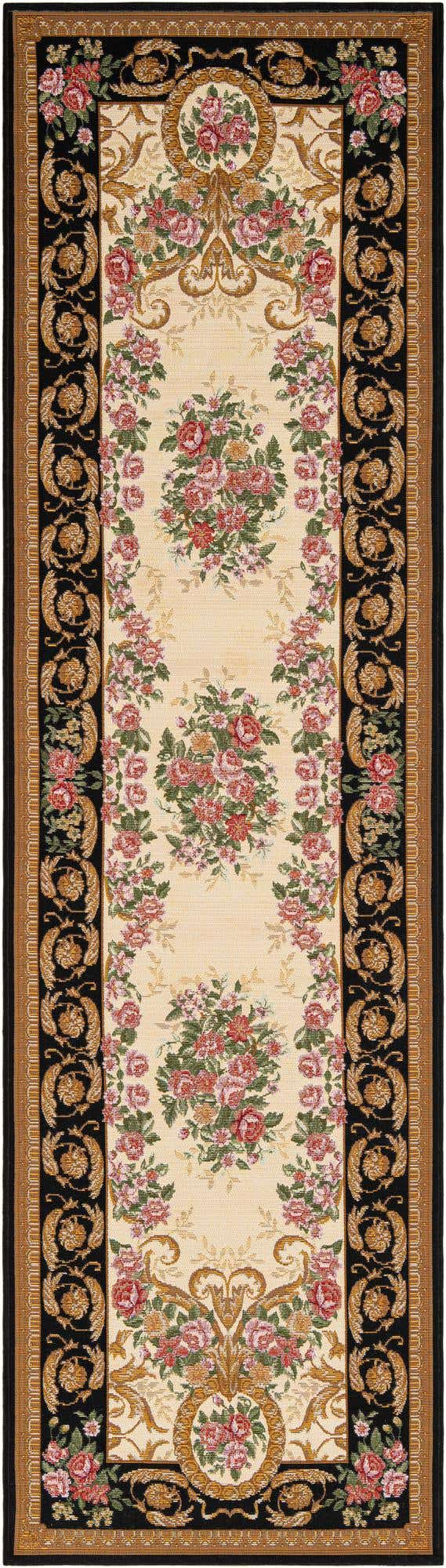 Black and Ivory 2' 7 x 10' Outdoor Traditional Runner Area Rug Weather Resistant for Patio, Deck, Terrace, Balcony, Porch Classical Design Outside Carpet for Sale at Rug Engine
