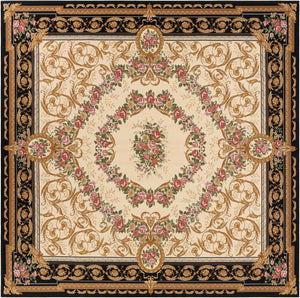 Black and Ivory 10' x 10' Outdoor Traditional Square Area Rug Weather Resistant for Patio, Deck, Terrace, Balcony, Porch Classical Design Outside Carpet for Sale at Rug Engine