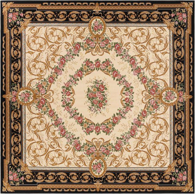 Black and Ivory 10' x 10' Outdoor Traditional Square Area Rug Weather Resistant for Patio, Deck, Terrace, Balcony, Porch Classical Design Outside Carpet for Sale at Rug Engine