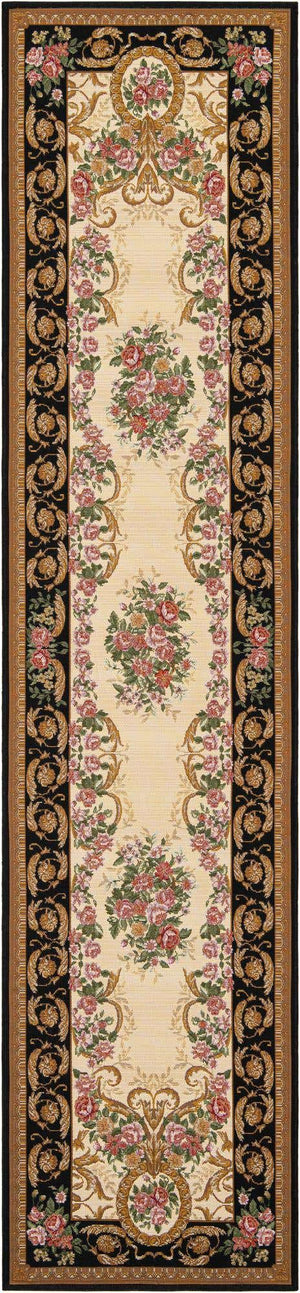 Black and Ivory 2' 7 x 12' Outdoor Traditional Runner Area Rug Weather Resistant for Patio, Deck, Terrace, Balcony, Porch Classical Design Outside Carpet for Sale at Rug Engine