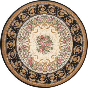 Black and Ivory 3' 1 x 3' 1 Outdoor Traditional Round Area Rug Weather Resistant for Patio, Deck, Terrace, Balcony, Porch Classical Design Outside Carpet for Sale at Rug Engine