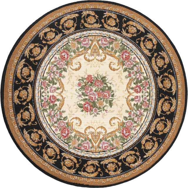 Black and Ivory 3' 1 x 3' 1 Outdoor Traditional Round Area Rug Weather Resistant for Patio, Deck, Terrace, Balcony, Porch Classical Design Outside Carpet for Sale at Rug Engine