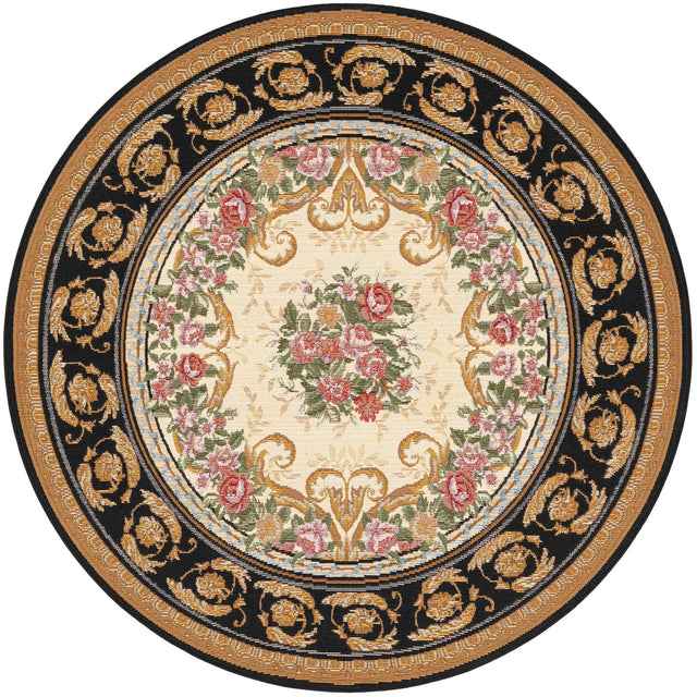 Black and Ivory 4' 1 x 4' 1 Outdoor Traditional Round Area Rug Weather Resistant for Patio, Deck, Terrace, Balcony, Porch Classical Design Outside Carpet for Sale at Rug Engine