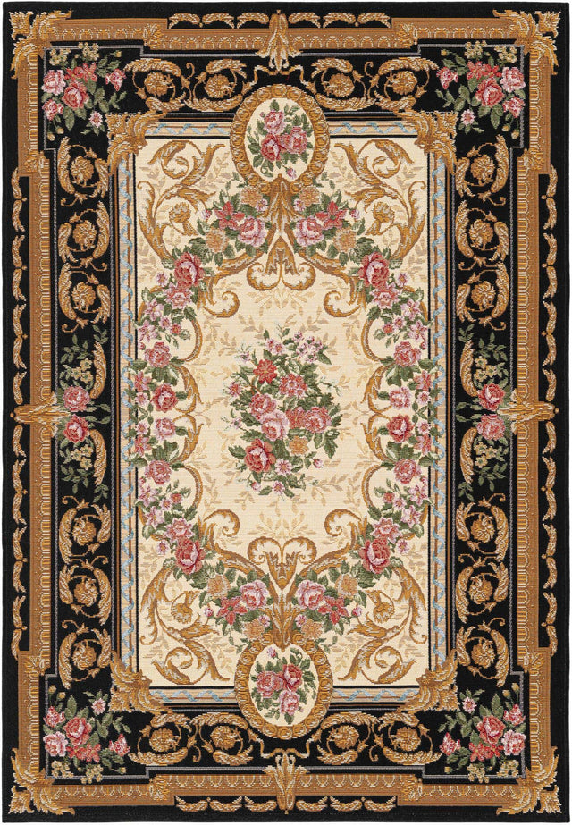 Black and Ivory 4' 1 x 6' 1 Outdoor Traditional Rectangle Area Rug Weather Resistant for Patio, Deck, Terrace, Balcony, Porch Classical Design Outside Carpet for Sale at Rug Engine