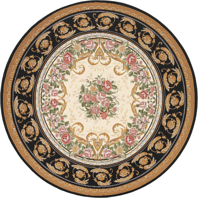 Black and Ivory 5' 1 x 5' 1 Outdoor Traditional Round Area Rug Weather Resistant for Patio, Deck, Terrace, Balcony, Porch Classical Design Outside Carpet for Sale at Rug Engine