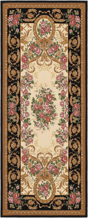 Black and Ivory 2' x 5' 1 Outdoor Traditional Runner Area Rug Weather Resistant for Patio, Deck, Terrace, Balcony, Porch Classical Design Outside Carpet for Sale at Rug Engine