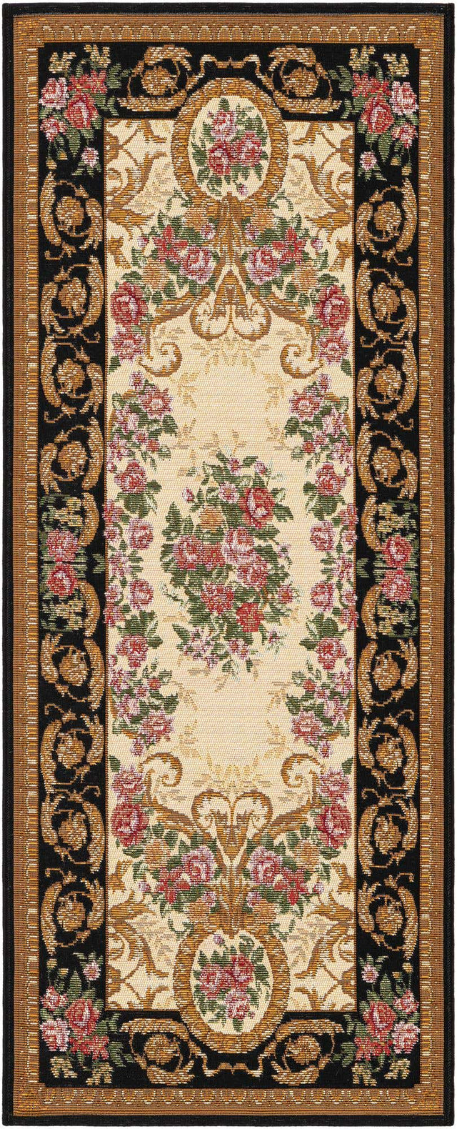 Black and Ivory 2' x 5' 1 Outdoor Traditional Runner Area Rug Weather Resistant for Patio, Deck, Terrace, Balcony, Porch Classical Design Outside Carpet for Sale at Rug Engine