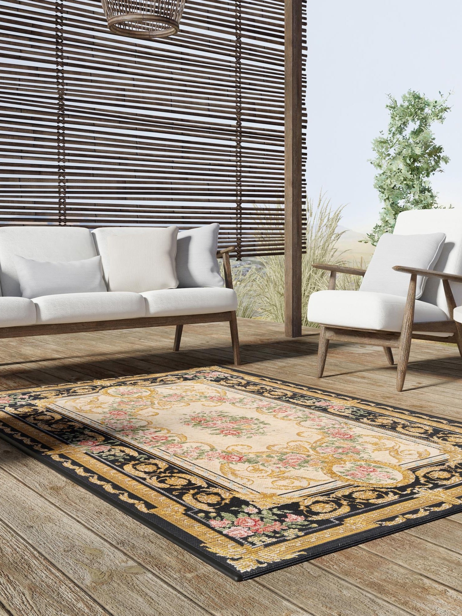 Black and Ivory 6' 1 x 9' Outdoor Traditional Rectangle Area Rug Weather Resistant for Patio, Deck, Terrace, Balcony, Porch Classical Design Outside Carpet for Sale at Rug Engine