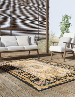 Black and Ivory 4' 1 x 6' 1 Outdoor Traditional Rectangle Area Rug Weather Resistant for Patio, Deck, Terrace, Balcony, Porch Classical Design Outside Carpet for Sale at Rug Engine