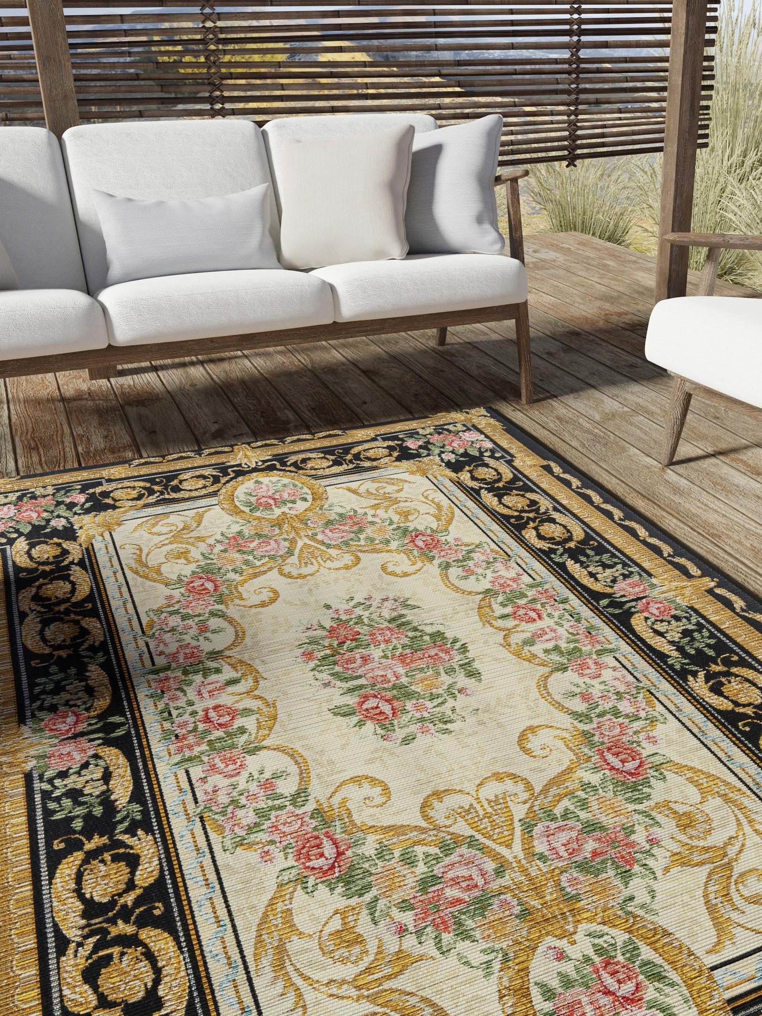 Black and Ivory 4' 1 x 6' 1 Outdoor Traditional Rectangle Area Rug Weather Resistant for Patio, Deck, Terrace, Balcony, Porch Classical Design Outside Carpet for Sale at Rug Engine