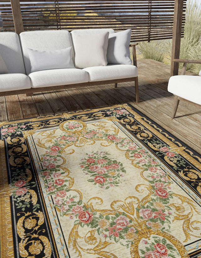 Black and Ivory 4' 1 x 6' 1 Outdoor Traditional Rectangle Area Rug Weather Resistant for Patio, Deck, Terrace, Balcony, Porch Classical Design Outside Carpet for Sale at Rug Engine