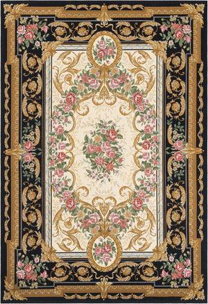 Black and Ivory 5' 1 x 8' Outdoor Traditional Rectangle Area Rug Weather Resistant for Patio, Deck, Terrace, Balcony, Porch Classical Design Outside Carpet for Sale at Rug Engine