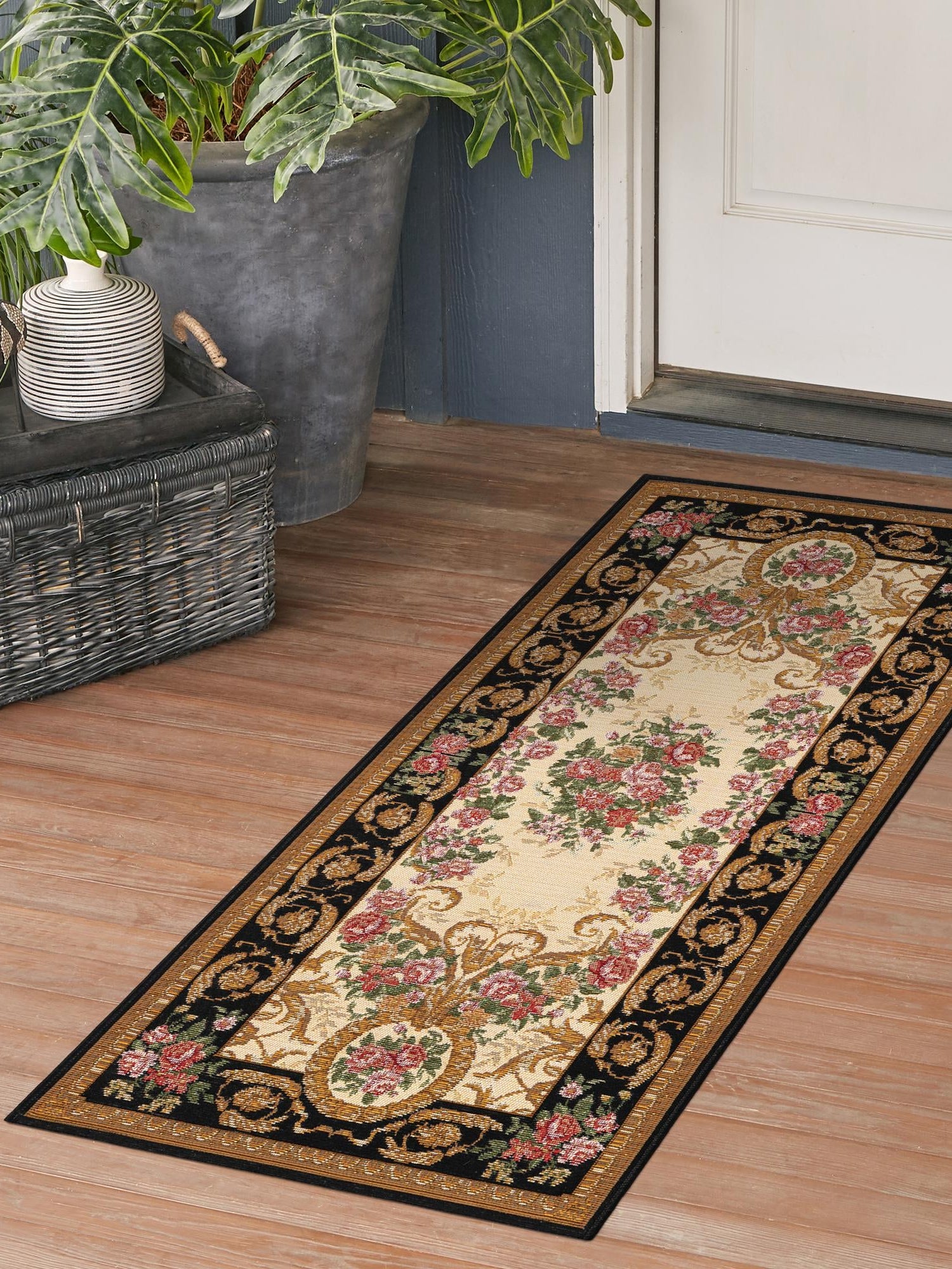 Black and Ivory 2' x 6' 1 Outdoor Traditional Runner Area Rug Weather Resistant for Patio, Deck, Terrace, Balcony, Porch Classical Design Outside Carpet for Sale at Rug Engine