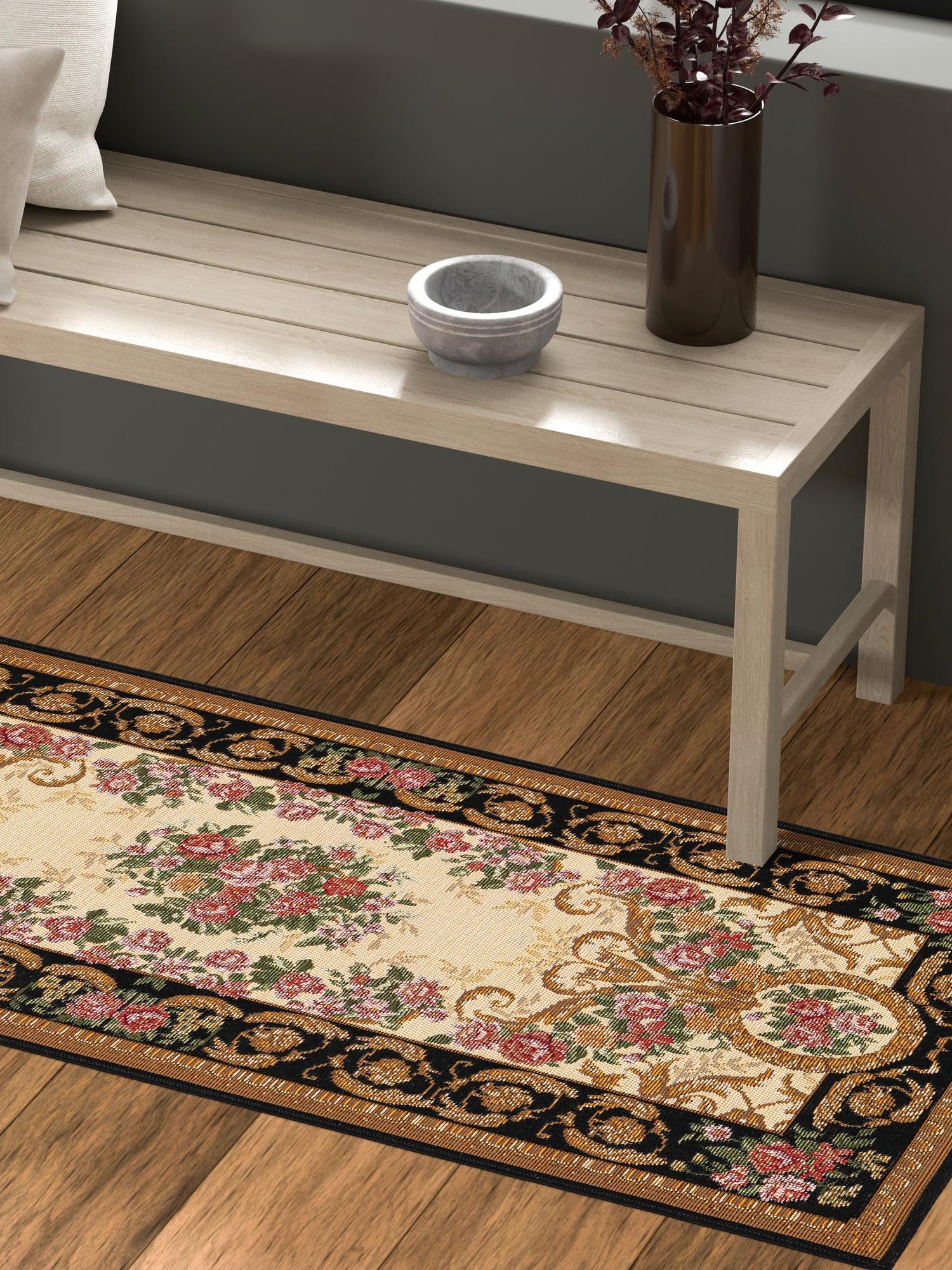 Black and Ivory 2' x 6' 1 Outdoor Traditional Runner Area Rug Weather Resistant for Patio, Deck, Terrace, Balcony, Porch Classical Design Outside Carpet for Sale at Rug Engine