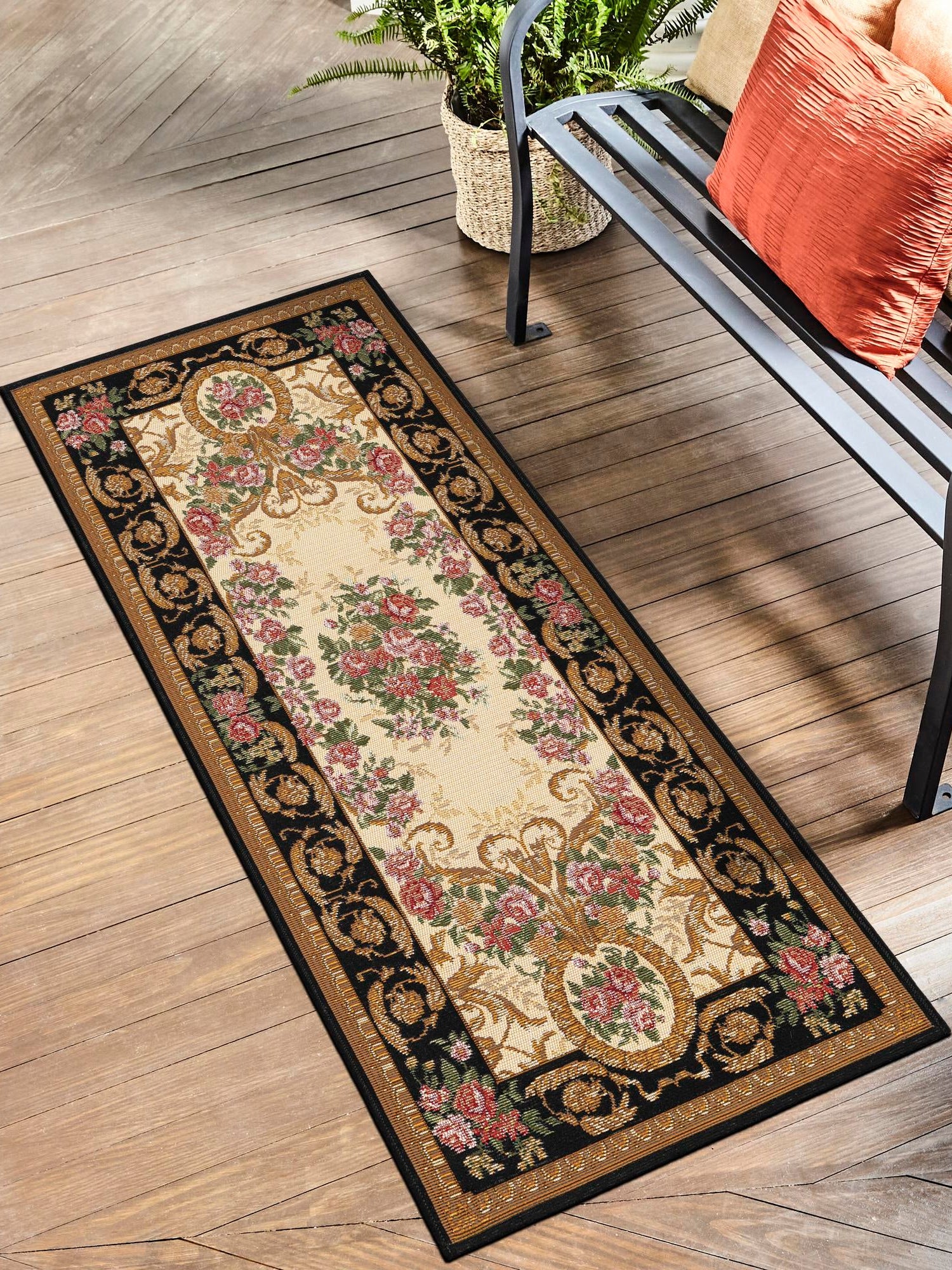 Black and Ivory 2' x 6' 1 Outdoor Traditional Runner Area Rug Weather Resistant for Patio, Deck, Terrace, Balcony, Porch Classical Design Outside Carpet for Sale at Rug Engine