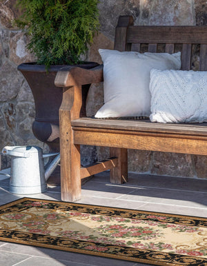 Black and Ivory 2' x 6' 1 Outdoor Traditional Runner Area Rug Weather Resistant for Patio, Deck, Terrace, Balcony, Porch Classical Design Outside Carpet for Sale at Rug Engine