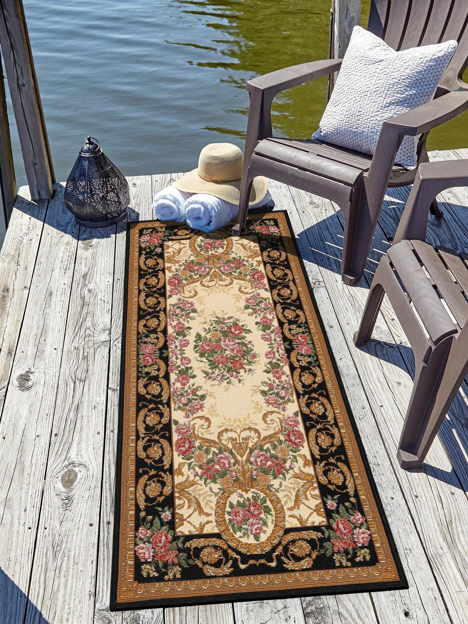 Black and Ivory 2' x 8' Outdoor Traditional Runner Area Rug Weather Resistant for Patio, Deck, Terrace, Balcony, Porch Classical Design Outside Carpet for Sale at Rug Engine