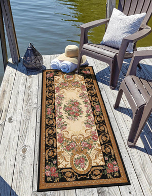 Black and Ivory 2' x 6' 1 Outdoor Traditional Runner Area Rug Weather Resistant for Patio, Deck, Terrace, Balcony, Porch Classical Design Outside Carpet for Sale at Rug Engine