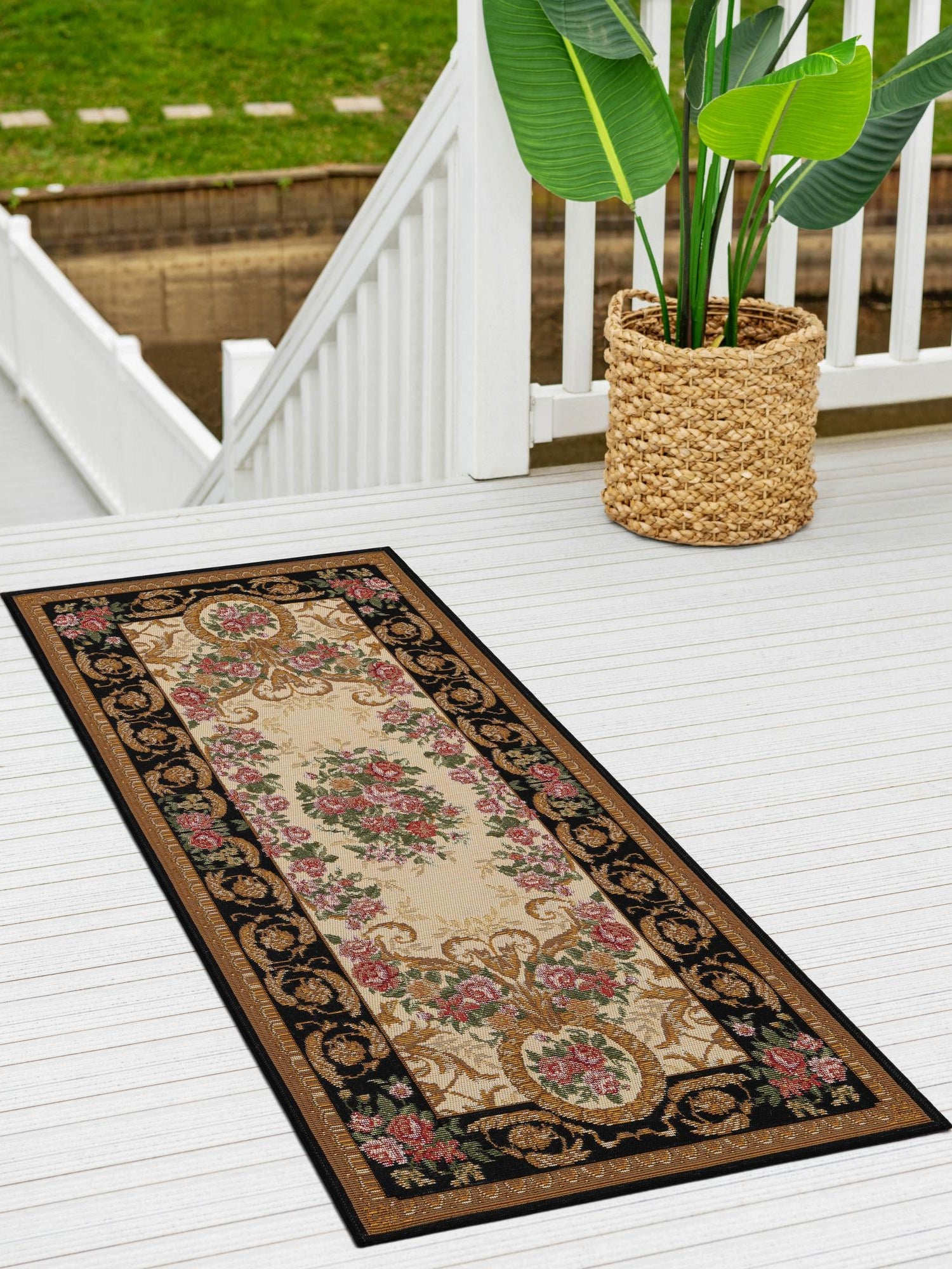 Black and Ivory 2' x 6' 1 Outdoor Traditional Runner Area Rug Weather Resistant for Patio, Deck, Terrace, Balcony, Porch Classical Design Outside Carpet for Sale at Rug Engine