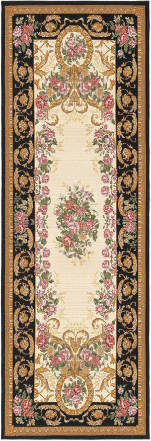 Black and Ivory 2' x 6' 1 Outdoor Traditional Runner Area Rug Weather Resistant for Patio, Deck, Terrace, Balcony, Porch Classical Design Outside Carpet for Sale at Rug Engine