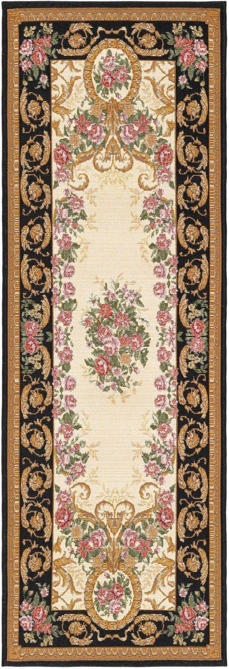 Black and Ivory 2' x 6' 1 Outdoor Traditional Runner Area Rug Weather Resistant for Patio, Deck, Terrace, Balcony, Porch Classical Design Outside Carpet for Sale at Rug Engine