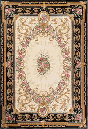 Black and Ivory 6' 1 x 9' Outdoor Traditional Rectangle Area Rug Weather Resistant for Patio, Deck, Terrace, Balcony, Porch Classical Design Outside Carpet for Sale at Rug Engine
