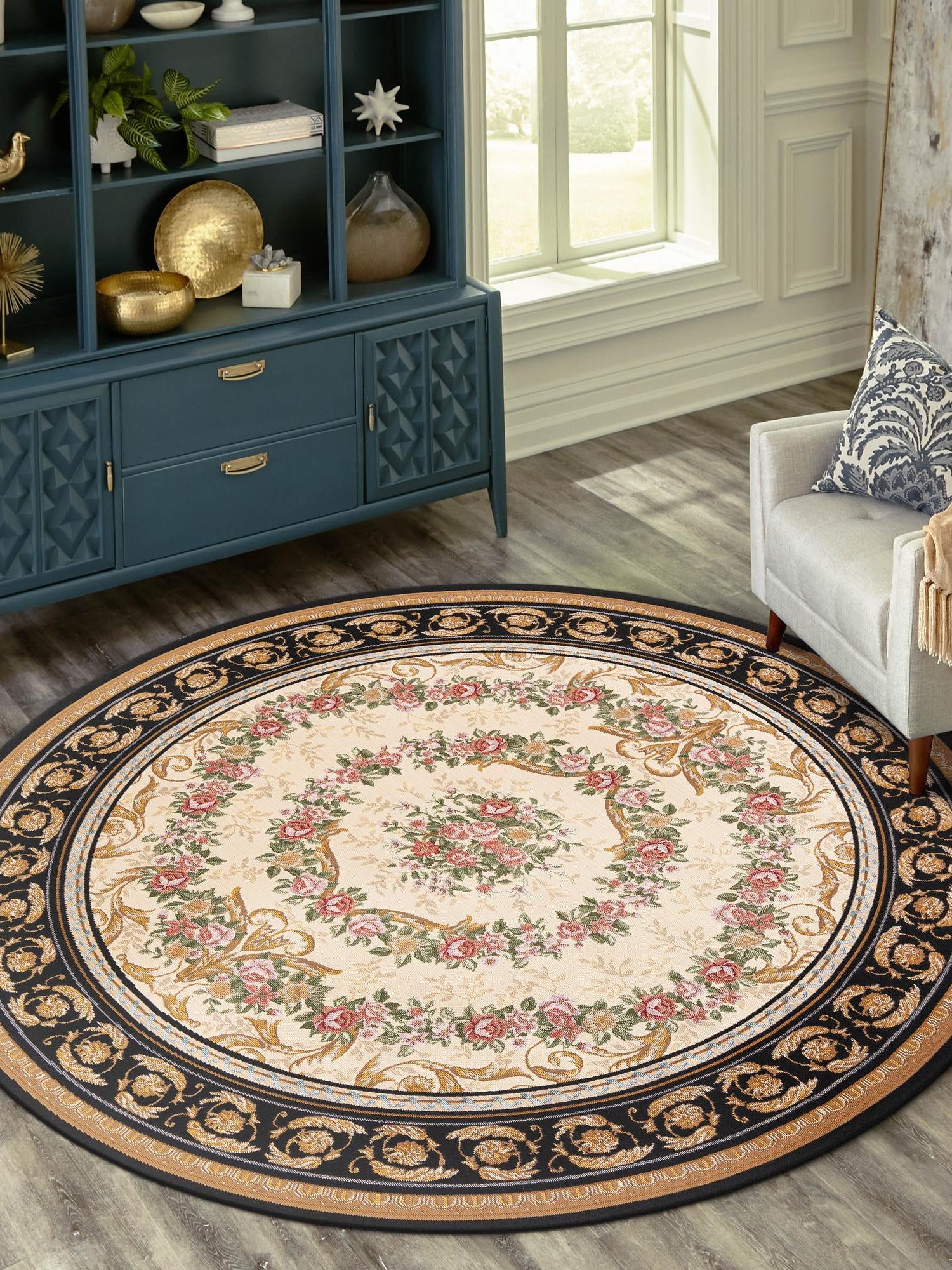 Black and Ivory 4' 1 x 4' 1 Outdoor Traditional Round Area Rug Weather Resistant for Patio, Deck, Terrace, Balcony, Porch Classical Design Outside Carpet for Sale at Rug Engine