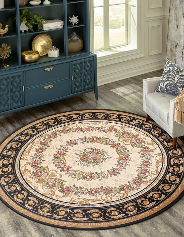 Black and Ivory 4' 1 x 4' 1 Outdoor Traditional Round Area Rug Weather Resistant for Patio, Deck, Terrace, Balcony, Porch Classical Design Outside Carpet for Sale at Rug Engine