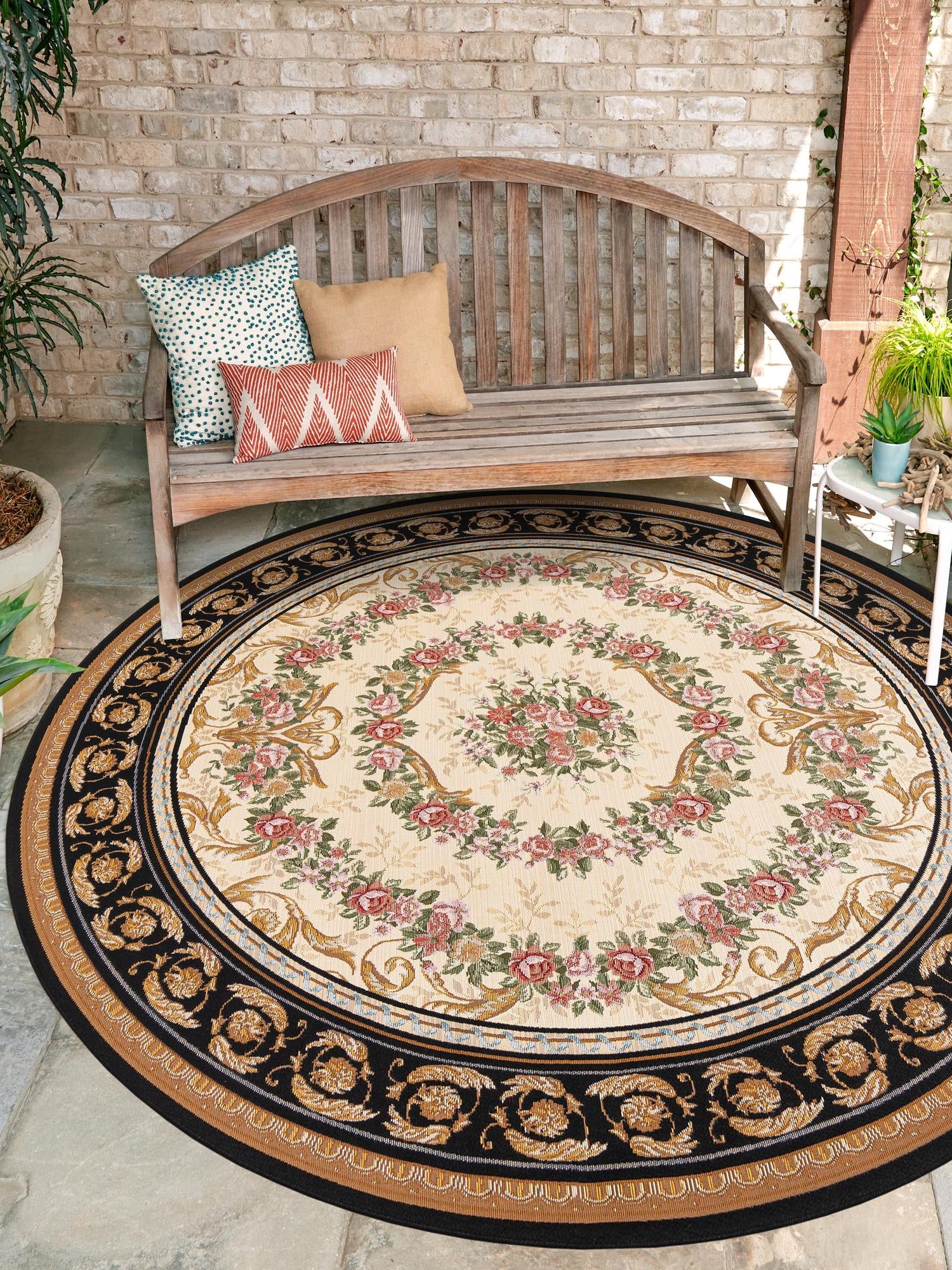 Black and Ivory 5' 1 x 5' 1 Outdoor Traditional Round Area Rug Weather Resistant for Patio, Deck, Terrace, Balcony, Porch Classical Design Outside Carpet for Sale at Rug Engine