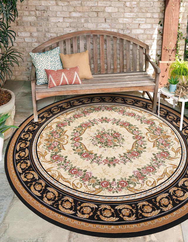 Black and Ivory 5' 1 x 5' 1 Outdoor Traditional Round Area Rug Weather Resistant for Patio, Deck, Terrace, Balcony, Porch Classical Design Outside Carpet for Sale at Rug Engine