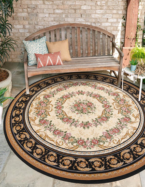 Black and Ivory 7' 10 x 7' 10 Outdoor Traditional Round Area Rug Weather Resistant for Patio, Deck, Terrace, Balcony, Porch Classical Design Outside Carpet for Sale at Rug Engine