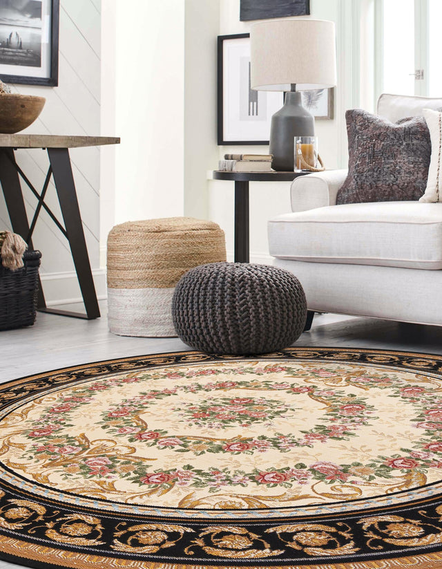 Black and Ivory 10' x 10' Outdoor Traditional Round Area Rug Weather Resistant for Patio, Deck, Terrace, Balcony, Porch Classical Design Outside Carpet for Sale at Rug Engine