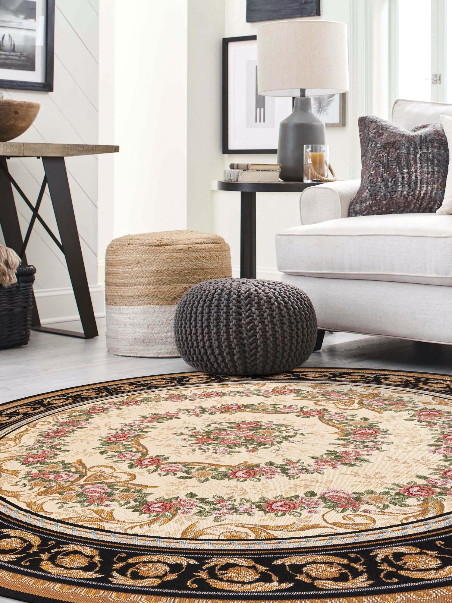 Black and Ivory 7' 10 x 7' 10 Outdoor Traditional Round Area Rug Weather Resistant for Patio, Deck, Terrace, Balcony, Porch Classical Design Outside Carpet for Sale at Rug Engine