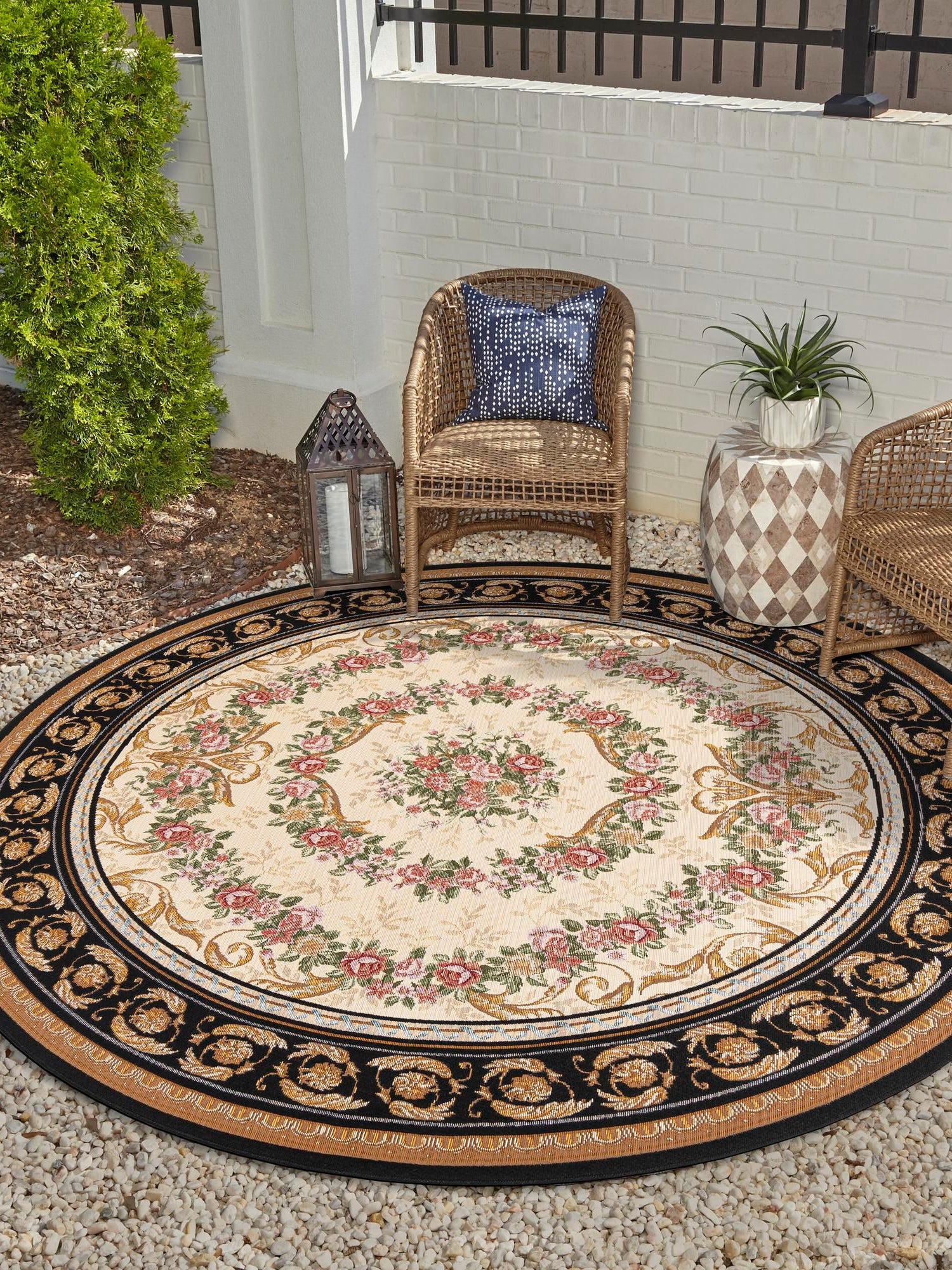 Black and Ivory 7' 10 x 7' 10 Outdoor Traditional Round Area Rug Weather Resistant for Patio, Deck, Terrace, Balcony, Porch Classical Design Outside Carpet for Sale at Rug Engine