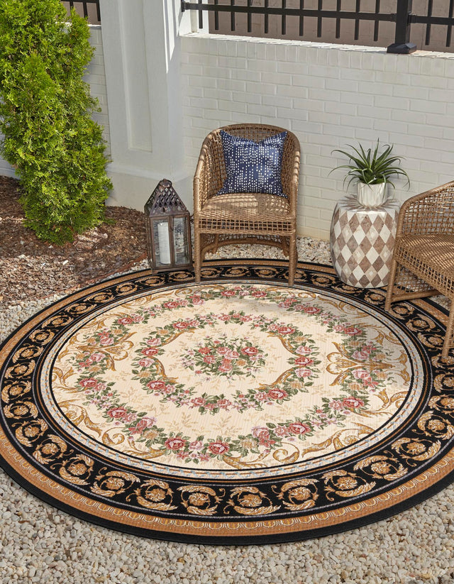 Black and Ivory 7' 10 x 7' 10 Outdoor Traditional Round Area Rug Weather Resistant for Patio, Deck, Terrace, Balcony, Porch Classical Design Outside Carpet for Sale at Rug Engine