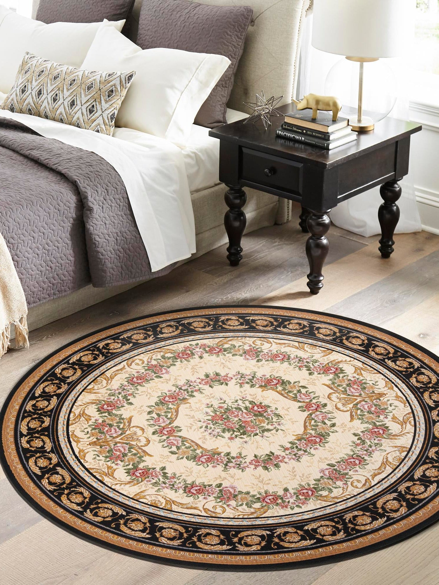 Black and Ivory 4' 1 x 4' 1 Outdoor Traditional Round Area Rug Weather Resistant for Patio, Deck, Terrace, Balcony, Porch Classical Design Outside Carpet for Sale at Rug Engine