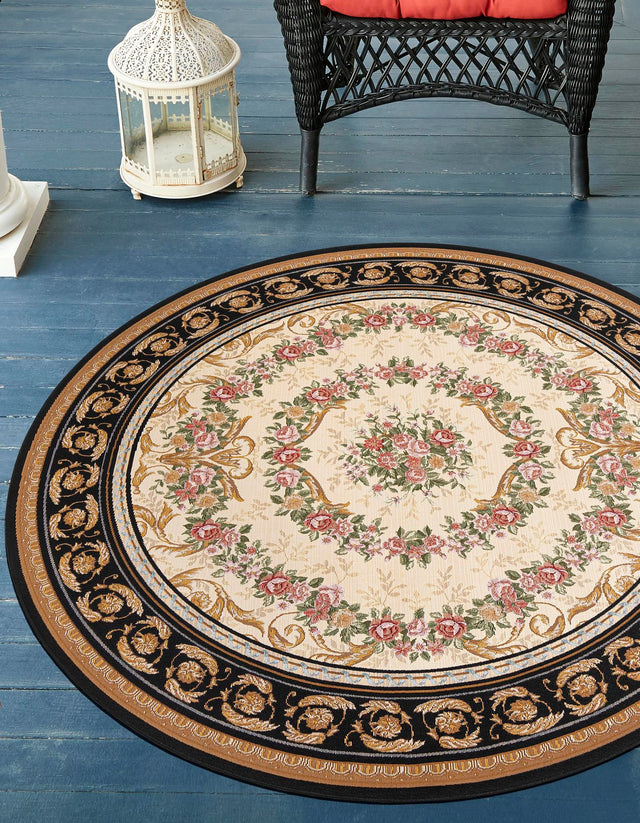 Black and Ivory 7' 10 x 7' 10 Outdoor Traditional Round Area Rug Weather Resistant for Patio, Deck, Terrace, Balcony, Porch Classical Design Outside Carpet for Sale at Rug Engine