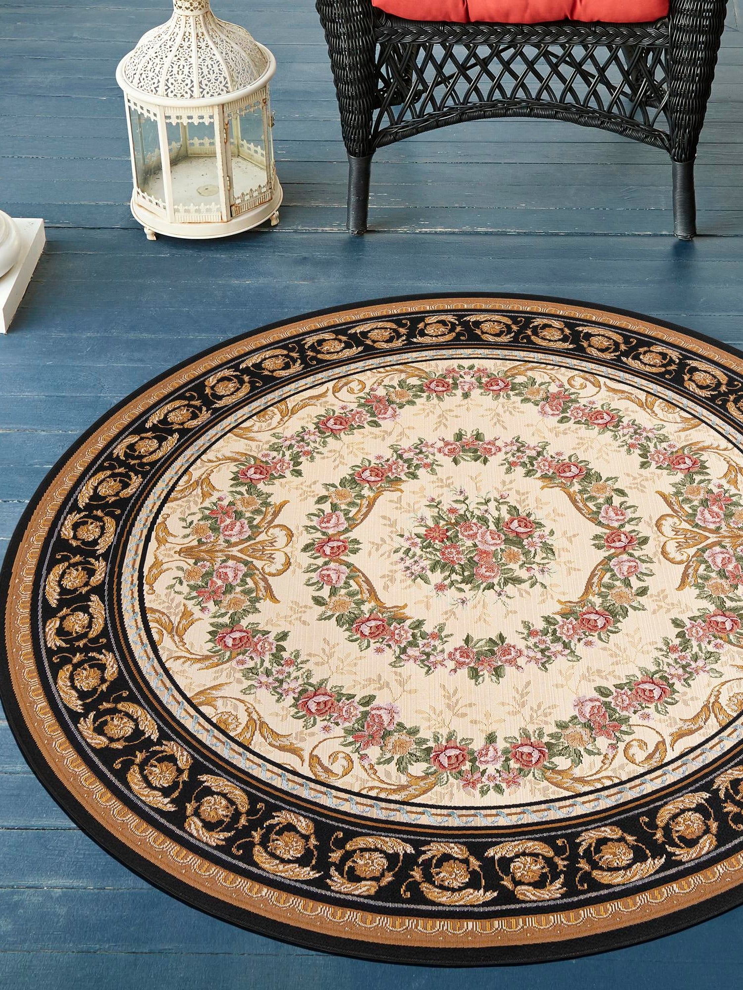 Black and Ivory 3' 1 x 3' 1 Outdoor Traditional Round Area Rug Weather Resistant for Patio, Deck, Terrace, Balcony, Porch Classical Design Outside Carpet for Sale at Rug Engine