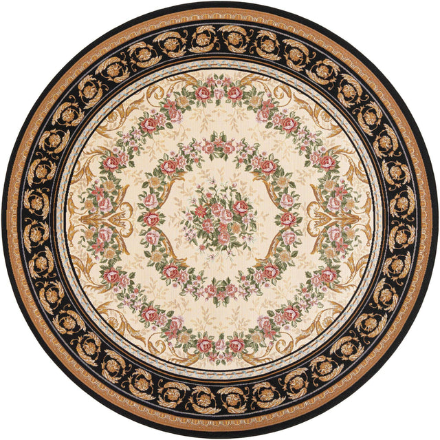 Black and Ivory 7' 10 x 7' 10 Outdoor Traditional Round Area Rug Weather Resistant for Patio, Deck, Terrace, Balcony, Porch Classical Design Outside Carpet for Sale at Rug Engine