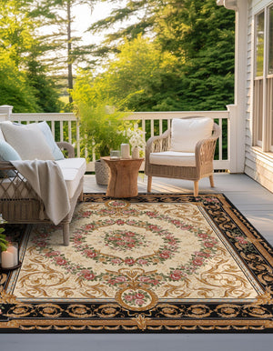 Black and Ivory 7' 10 x 7' 10 Outdoor Traditional Square Area Rug Weather Resistant for Patio, Deck, Terrace, Balcony, Porch Classical Design Outside Carpet for Sale at Rug Engine