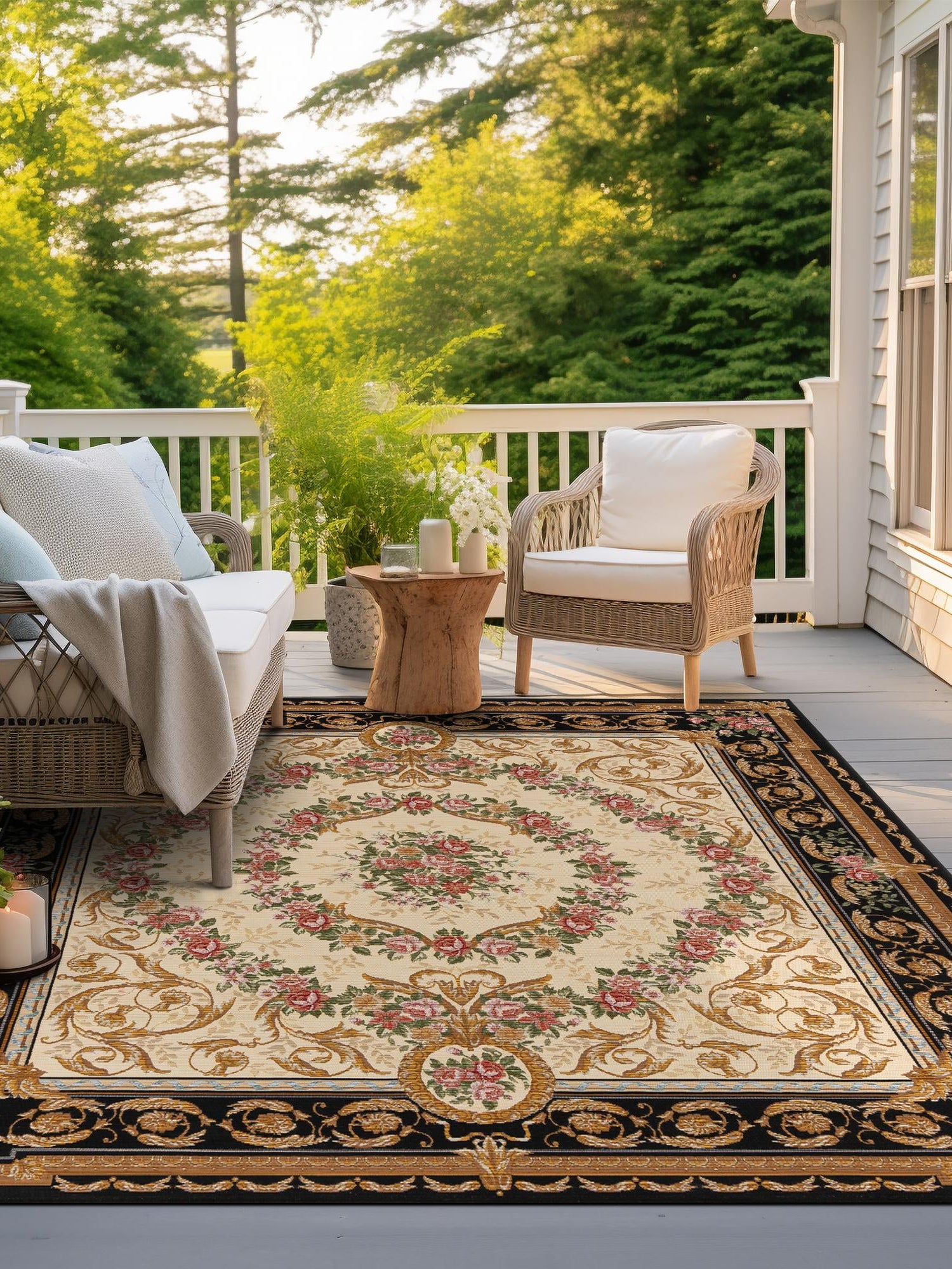 Black and Ivory 10' x 10' Outdoor Traditional Square Area Rug Weather Resistant for Patio, Deck, Terrace, Balcony, Porch Classical Design Outside Carpet for Sale at Rug Engine