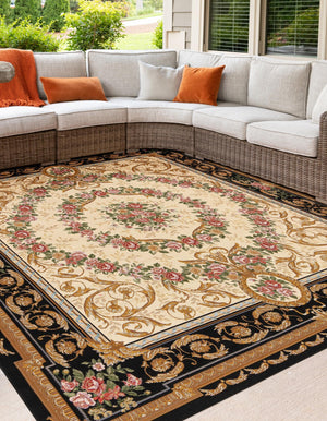 Black and Ivory 7' 10 x 7' 10 Outdoor Traditional Square Area Rug Weather Resistant for Patio, Deck, Terrace, Balcony, Porch Classical Design Outside Carpet for Sale at Rug Engine