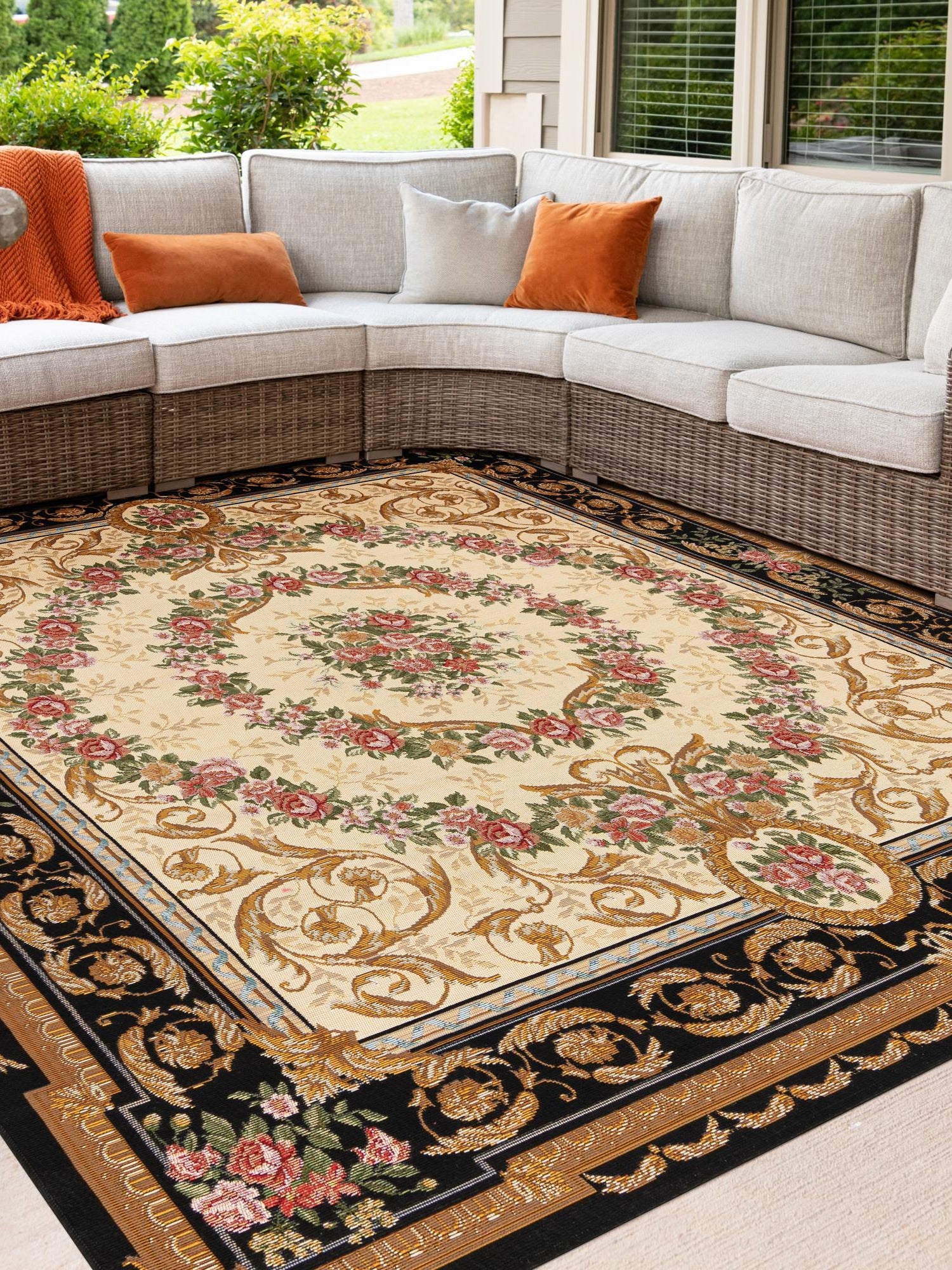 Black and Ivory 10' x 10' Outdoor Traditional Square Area Rug Weather Resistant for Patio, Deck, Terrace, Balcony, Porch Classical Design Outside Carpet for Sale at Rug Engine