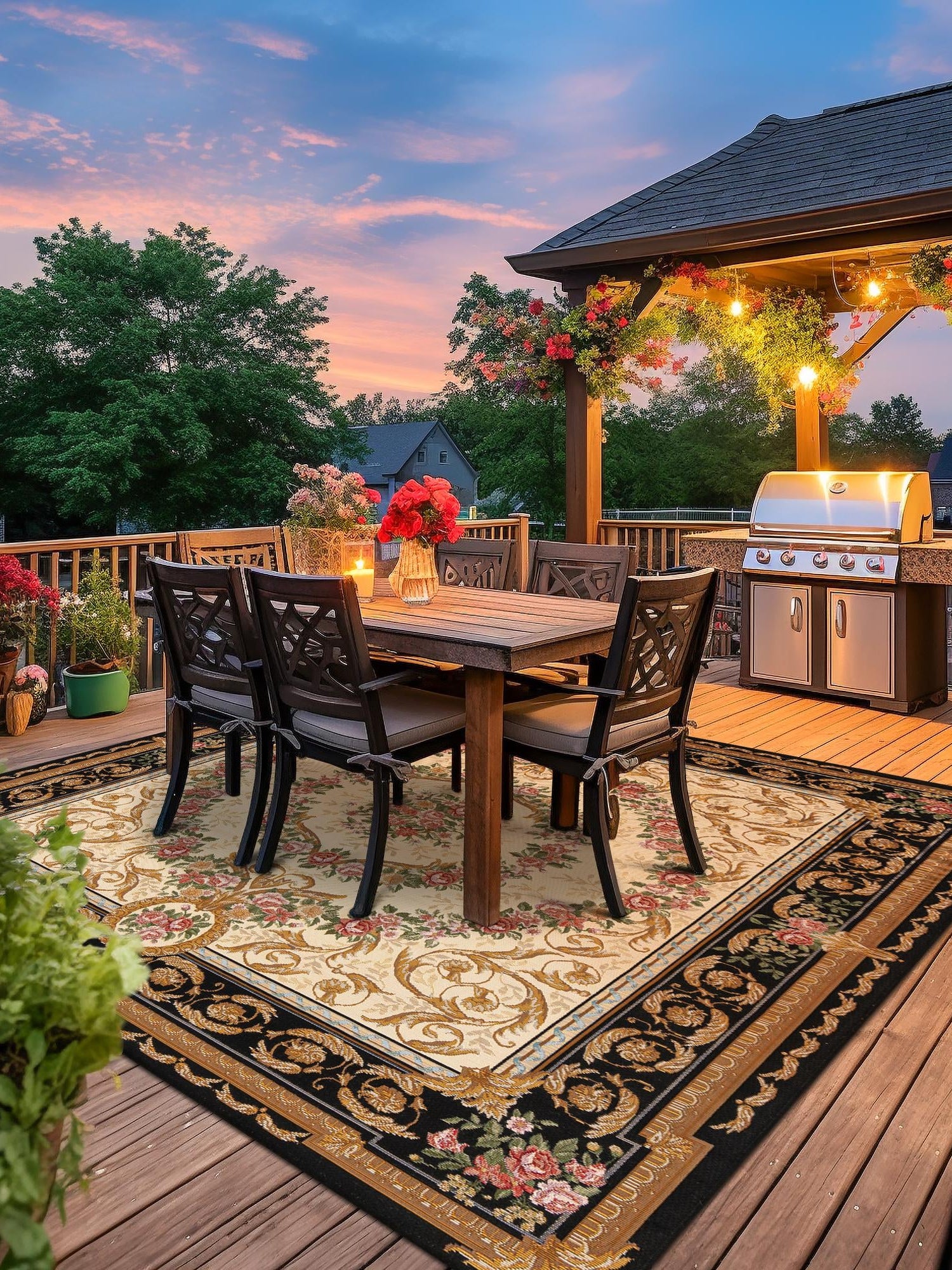 Black and Ivory 10' x 10' Outdoor Traditional Square Area Rug Weather Resistant for Patio, Deck, Terrace, Balcony, Porch Classical Design Outside Carpet for Sale at Rug Engine