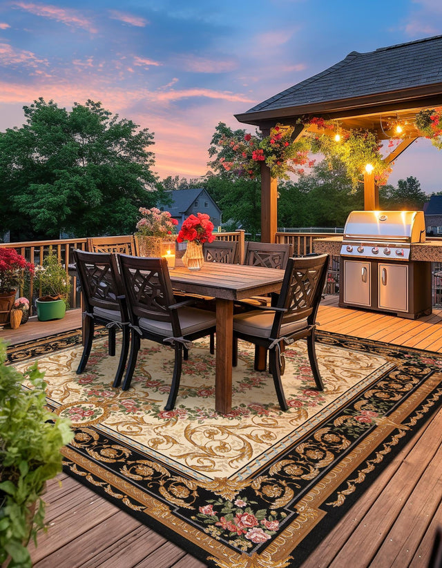 Black and Ivory 10' x 10' Outdoor Traditional Square Area Rug Weather Resistant for Patio, Deck, Terrace, Balcony, Porch Classical Design Outside Carpet for Sale at Rug Engine